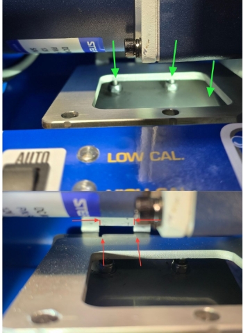 <p><strong>Lock the Pump into the Adaptor Plate</strong></p><p>The pump base will need to clear the existing studs (green arrows) to be able to locate correctly.</p><p>Then the tongue on the pump base will need to be aligned (laterally) with the slot in the adaptor plate.</p><p>Once located, push the pump onto the M6 studs and start a Nyloc nut to retain it in position.</p>