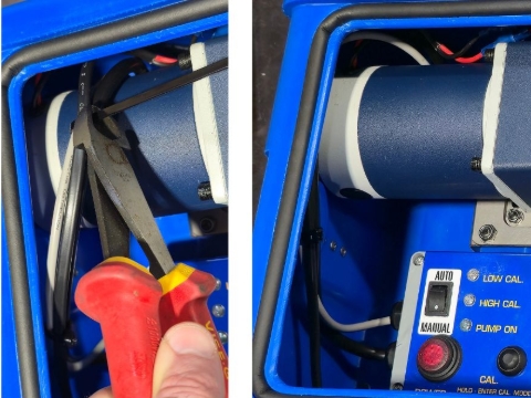 <p><strong>Tidy up the Cables</strong></p><p>Gather the cables together and cable tie. Tuck them up around the pump and down the left hand side of the enclosure.</p><p>Trim off the tie tails with side cutters</p>