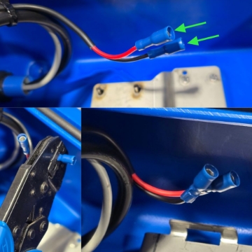 <p>Slide on the Blue Female Bullet crimp terminals.</p><p>Crimp them on to the wire with the blue size jaw on the crimping tool</p><p></p>