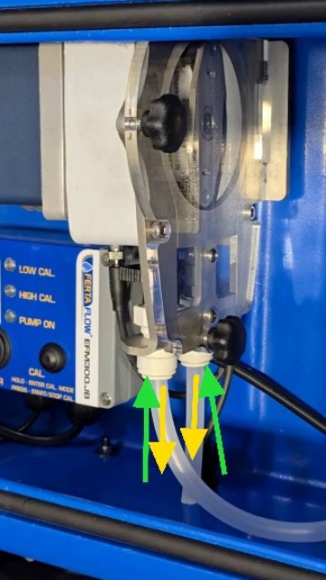<p><strong>Disconnect the Fluid Lines</strong></p><p>Remove the fluid inlet and outlet lines by lifting the locking ring on the white push-fitting and pulling out the tube at the same time.</p><p>Locking Rings shown in Green</p><p>Tubes to be pulled out in yellow.</p>