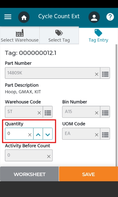 <p>Enter the physical quantity counted for the selected part and click <strong>Save</strong>.</p><p></p><p>Repeat this process for each remaining tag until all count tags have been completed.</p><p></p>