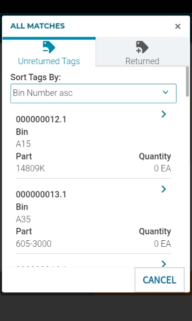 <p>A list of all count tags included in the selected cycle count is displayed.</p><p></p><p>The tags are sorted by <strong>Bin Number</strong> to allow counts to be completed in a logical warehouse sequence. </p><p>Each tag displays the:</p><ul><li><p><strong>Tag Number</strong></p></li><li><p><strong>Bin Location</strong></p></li><li><p><strong>Part Number</strong></p></li><li><p><strong>Expected Quantity</strong></p></li></ul><p></p>