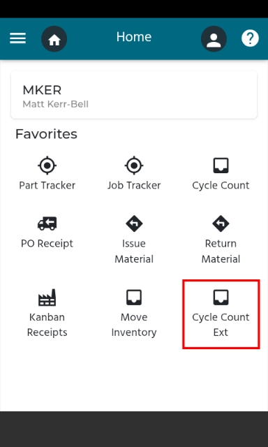 <p>On the EKW mobile device home screen, select <strong>Cycle Count Ext</strong>.</p><p></p><p>The <strong>Cycle Count Ext</strong> function is used to perform cycle counts on the mobile device after the count sequence has been started in Epicor Kinetic.</p><p></p><p><strong>Note:</strong> Count tags will only be available in <strong>Cycle Count Ext</strong> once the count tags have been generated and the <strong>Start Count Sequence</strong> process has been completed in Count Cycle Maintenance.</p>