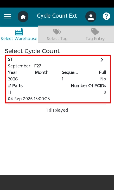 <p>Select the <strong>Cycle Count</strong> you wish to begin.</p><p></p><p>In most cases, select the cycle count with a <strong>Cycle Sequence Date matching today's date</strong>, as this will be the active count that has been released from Epicor.</p><p></p><p><strong>Example:</strong> In the screenshot shown:</p><ul><li><p>Cycle Period: <strong>September - F27</strong></p></li><li><p>Number of Parts: <strong>11</strong></p></li><li><p>Number of PCIDs: <strong>0</strong></p></li><li><p>Cycle Sequence Date: <strong>04 Sep 2026</strong></p></li></ul><p></p>