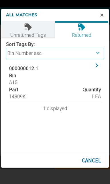 <p>The <strong>Unreturned Tags</strong> tab displays outstanding tags that still require counting, while the <strong>Returned</strong> tab displays tags that have been counted and submitted. All tags should appear in the <strong>Returned</strong> tab once the cycle count is complete.</p><p></p><p>If a count was entered incorrectly, select the tag to reopen it and make any necessary corrections before the cycle count is finalised.</p><p></p><p></p>