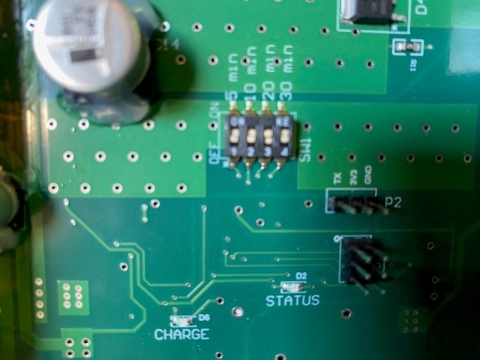 <p>Set up 'Stand By' time on main wagon Charge/Status circuit board as pictured.</p><p>20 minutes is factory setting. Click switch 3 up to select.</p>