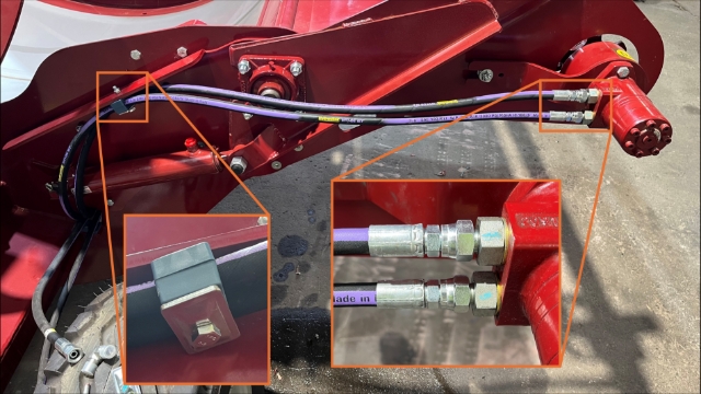 <p><span>Feed the hydraulic hoses through the rear
passthrough and run them to the motor as shown.</span></p><p>Leave some slack between the motor and
the clamp.</p><p>Twist the hose clamp to keep the hoses
away from the bearing.</p><p><br></p><p>2x) Hose 9</p><p>1x) "CL16D" Complete hose clamp</p><p>1x) "M8x55" Bolt</p><p>1x) "NN8" Nylock nut</p>