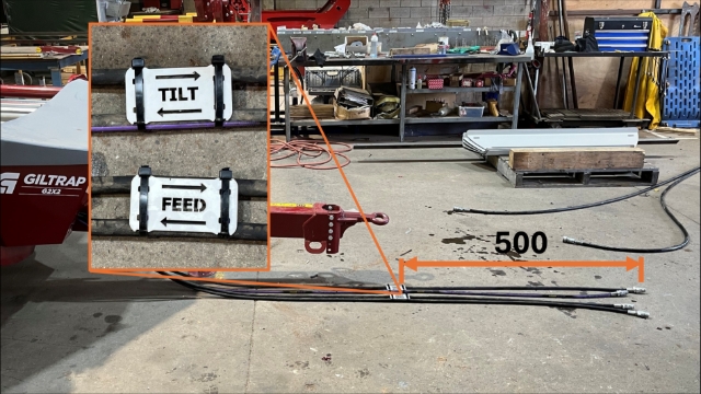 <p><span>Cabletie a “Tilt” tag to the hydraulic ram hoses
and a “Feed” tag to the motor hoses.</span></p><p><span><br></span></p><p>1x) “14813” Tilt tag</p><p>1x) “12558” Feed tag</p>