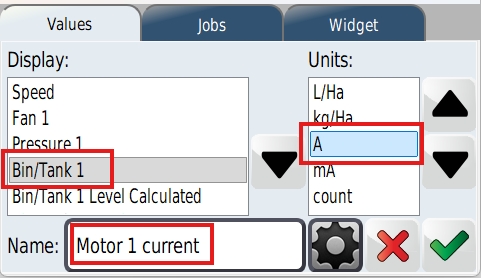<p>In the tab set up screen, choose 'Bin/Tank 1'</p><p>Set the Units to 'A' (amps).</p><p>For clarity you can give the tile a useful name such as 'Motor 1 current'.</p><p>Note if you wish to test the motor on Bin/Tank 2 then choose that display instead.</p><p>Tick to save and exit the set up screen</p>