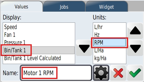 <p>Choose 'Bin/Tank 1' again (or Bin/Tank 2 for the other motor)</p><p>Choose RPM to display the motor pulses</p><p>Rename the tile to something useful like 'Motor 1 RPM'</p><p>Tick to save and exit</p>