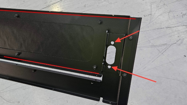 <ul><li><p>Slot these 2 holes on both sides to attempt to lower inner frame enough to clear door once re-attached </p></li><li><p>This may require rolling top edge or folds holding ply in place </p></li></ul><p></p>