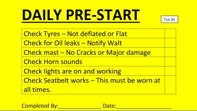 <p>Each Forklift and Reach trucks should have a pre-start checklist. Needs to be signed and done daiIy (forkIift) weekIy (reach) to ensure machine is safe to use. <br><br><br><strong>NOTE: Turn the gas vaIve off at the end of each day when you are done using the forkIift</strong></p>