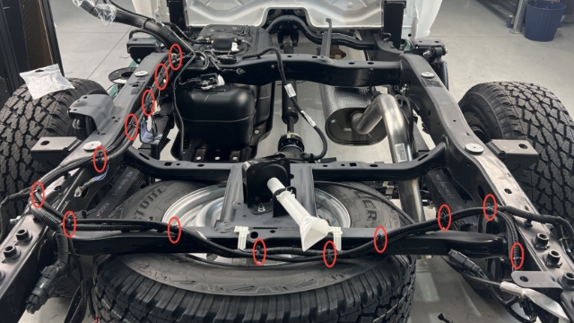 <p>Follow factory looms where possible, securing at least every 300mm using cable ties.</p><blockquote><p><strong>CQC:</strong> Ensure wiring is routed away from the exhaust system, fuel lines, and other hot, moving or sharp surfaces.</p></blockquote><p></p><p></p>