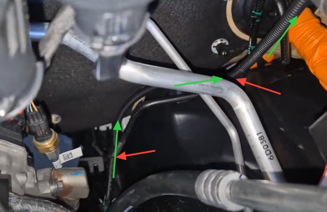 <p>Route the wiring up through the engine bay following the factory harness.</p><p>Do not secure the AC pipies.</p>