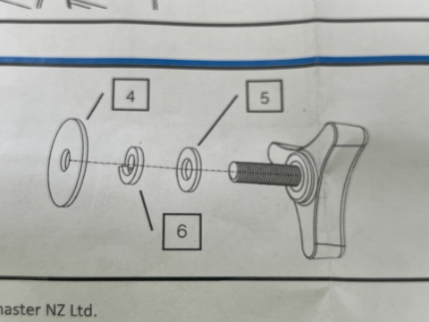 <p>Install the washers into the wing knobs in the order shown.&nbsp;<br><br>(5) M8 Medium Washer&nbsp;<br>(6) M8 Spring Washer<br>(4) M8 Fender Washer&nbsp;<br></p>