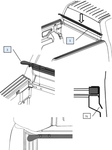 <p>Install the front infill bracket PRT-005957 to the front wall of the wellside, between the two plastic caps.</p><p>The overhang sits over the front wall and hangs down between the cab and the wellside (N).</p><p>Take care not to scratch the cab when installing. Ensure the foam compress tightly and leave no gaps.</p>