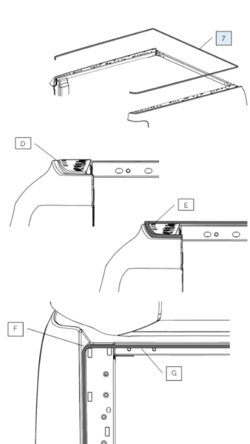 <p>Run the provided sponge seal around the outside of the wellside in a continuous seal, starting at the tailgate on one side and ending at the tailgate on the other side.</p><p>Use the raised section (D) along the sides as a guide — the sponge seal should touch the raised section (E). In the front corners, the sponge seal should turn the corner and run along the front of the wellside (F).</p><p>Ensure the sponge seal is in front of the threads (G). Discard any surplus sponge seal.</p>