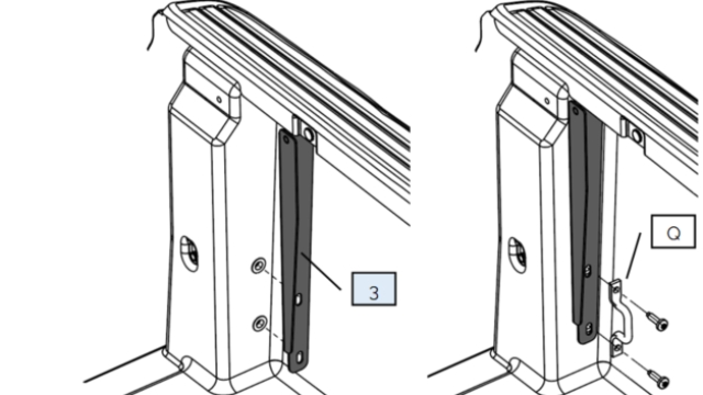 <p>Install the rear mounting brackets PRT-005465-A into the rear corners.</p><p>Bolt in place using the original hook and bolts (Q) from the previous step.</p><p>Repeat for opposite side.</p>