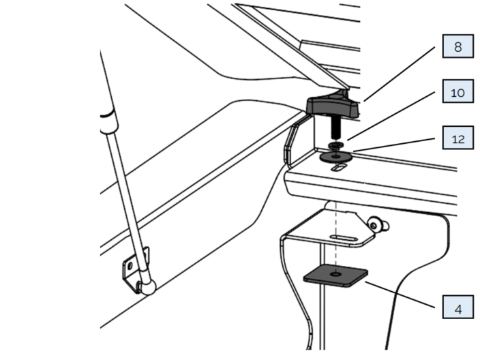 <p>In the front corners, bolt through the mounting frame and front mounting bracket into the provided thread plate, using the following fasteners:<br>8) M8 x 25mm Tri-Knob</p><p>10) M8 Spring Washer</p><p>12) M8 Fender Washer</p><p>4) PRT-005964</p><p>Note: The thread plate sits underneath the front mounting bracket.</p><p>Fully tighten the fasteners.</p><p>Repeat for opposite side.</p>