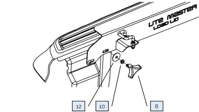 <p>Reach through the open tailgate and bolt through the mounting frame into the rear mounting bracket using the following fasteners:<br>8) M8 x 25mm Tri-Knob</p><p>10) M8 Spring Washer</p><p>12) M8 Fender Washer</p><p>Repeat for opposite side.</p>