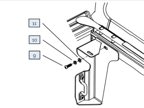 <p>Bolt into the front wall thread using the following fasteners:<br>9) M8 x 25mm Btn Bolt</p><p>10) M8 Spring Washer</p><p>11) M8 Medium Washer</p><p>Tighten these bolts and the hook bolts (from previous step).</p><p>Repeat for opposite side.</p>
