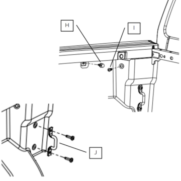 <p>Remove the front clip (H) and bolt (I) holding the liner in the front corner.</p><p>Also remove the hooks from the front corner (J).</p><p>Repeat for both sides.</p>