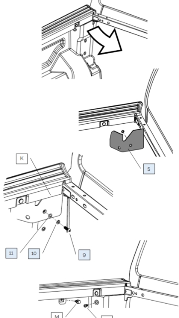 <p>If your Ranger has a spray liner, Click Here: </p><p>If it has a plastic liner, follow the instructions below:</p><p>Pull the front corner of the liner away from the wellside wall to give access behind. Insert the provided rubber gasket. This should sit inside the plastic cap (K). Bolt in place to the front thread using the following fasteners:<br>9) M8 x 25mm Btn Bolt</p><ol><li><p>M8 Spring Washer</p></li><li><p>M8 Medium Washer</p></li></ol><p>Do not overtighten, or the bolt head will pull through the rubber.</p><p>Return the liner to its original position, sitting over top of the rubber gasket. Return bolt (L) to its thread — this should pass through the hole in the rubber gasket. Re-insert the plastic liner clip (M).</p><p>Repeat for both sides.</p>