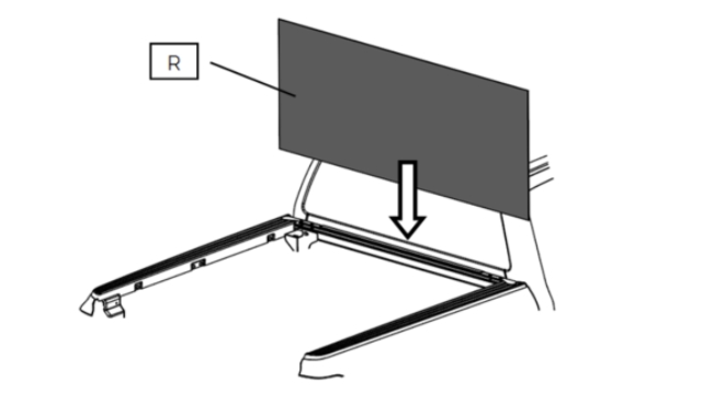 <p>Insert cardboard (R) between the cab and wellside to protect the paint from scratching during installation.</p><p>Note: Cardboard not supplied.</p>