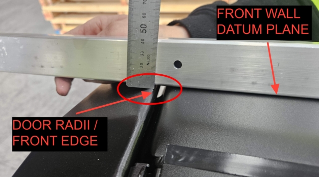 <p><strong>Front wall / Door infill alignment</strong></p><p>Utilise straight edge to use front wall as datum</p><p>Refer to drawing for tolerance</p><p><em>Shown 3mm, position #4</em></p>