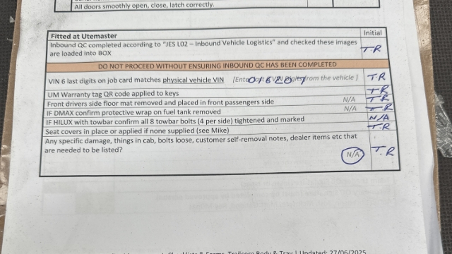<p>Before vehicle fitment ensure FITTED AT UTEMASTER part of the QC sheet is complete </p>