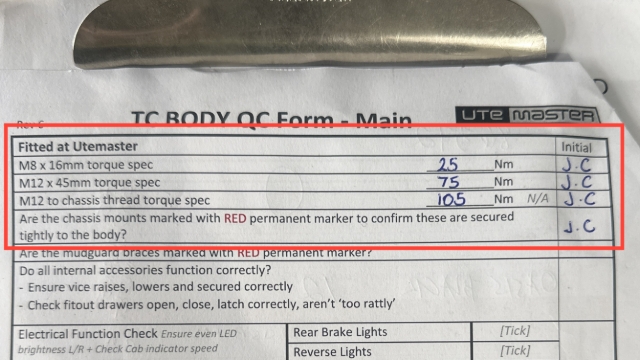 <blockquote><p><strong>CQC: </strong>Sign the QC sheet and confirm torque spec set on the torque wrench matches this requirement.</p></blockquote><p></p>