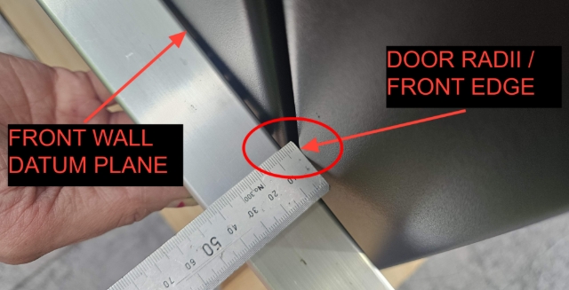 <p><strong>Front wall / Door infill alignment</strong></p><p>Utilise straight edge to use front wall as datum</p><p>Refer to drawing for tolerance</p><p><em>Shown 5mm</em></p>