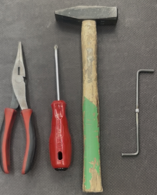 <p>Tools needed for assessment and repair: needle nose pliers, small hammer, 4mm Allen key, ~150mm screw driver.</p>