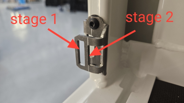 <p>Latches use a 2-stage catch mounted to the body</p><ul><li><p>Stage 1 - safety position</p></li><li><p>Stage 2 - correct latch position</p></li></ul><p></p>