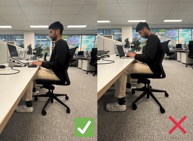 <p><strong>Laptop</strong></p><p>If you use a laptop, avoid using it directly on the desk for long periods.</p><p><strong>Connect it to a docking station </strong>with a separate keyboard, mouse and monitor. This gives you the proper screen height and keyboard position we've just covered.</p><p>If you're working away from your usual desk, try and use a hot desk where possible.</p><p>If you are working at your laptop for long periods, <strong>use a laptop riser</strong> to raise the screen to eye level and connect a separate keyboard and mouse.</p><p>This avoids the hunched posture that comes from looking down at a laptop screen.</p>