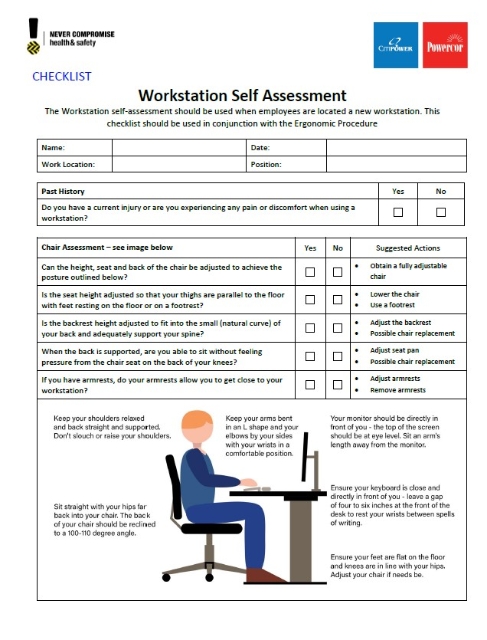 <p>Take a few minutes to go through the Workstation Self Assessment Checklist available on the Wire. <br></p><p>If you work from home, you should complete the Working from home checklist.</p><p><br>If you need further support, please contact wellbeing@powercor.com.au</p>