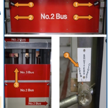 <p>42.4 - Locking the Cable / Bus shutters</p><p></p><p>1. Place locks on shutters opposite to what is being earthed. In this case we are earthing the No.3 bus so place locks on the No.2 bus shutters as shown.</p><p>2. To disable the opening of the No.2 bus and allow the No.3 bus shutters to open for earthing, remove the shutter operating mechanism pins – two (2) of from the No.2 Bus Shutters. (Opposite from what will be Earthed)</p><p>3. The No.3 Bus Shutters can now be opened via the external handle and earth truck installed.</p><p>Note: Ensure the correct identification of shutters prior to locking and/or removal of operating mechanism pins.</p><p></p>
