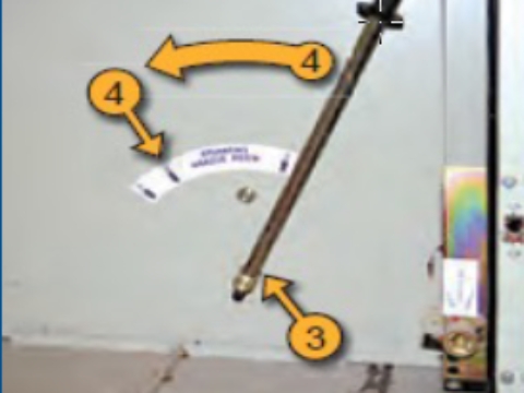 <p>42.3 - Racking Out the CB</p><p></p><p>1. Open the cubicle access door.</p><p>2. Confirm CB is open.</p><p>3. Insert the racking handle into the racking mechanism as shown.</p><p>4. Rotate the racking handle ACW to position 2 and withdraw the CB to the stop position.</p><p></p><p></p>