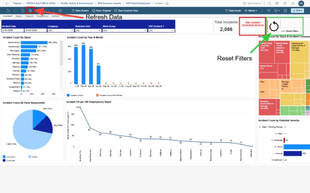 <p>The timestamp indicates when the data was last refreshed</p><p>Data can be refreshed by selecting the 'Refresh data in this view' button on the blue toolbar, as marked</p><p></p>