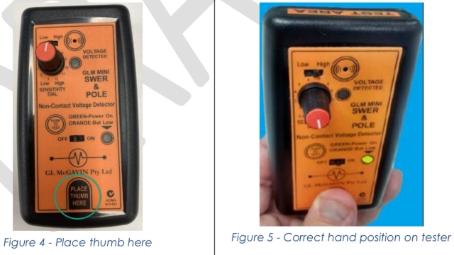 <p><strong>Calibration procedure</strong></p><p>•&nbsp;With the Test Area top side of the unit facing the voltage line to test, place your thumb on&nbsp;Place Thumb Here&nbsp;area</p><p>Warning&nbsp;do not touch the self-test area at the front of the unit</p><p>•&nbsp;With arm outstretched,&nbsp;this allows maximum detection distance (the closer the unit is to the trunk of the body, the lower the detection distance).</p>