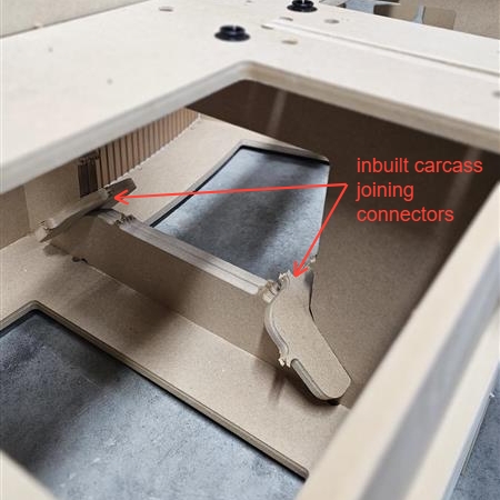 <p>Snap off joining carcass connectors, insert these into location point between each module and press into place</p><p></p><ul><li><p>Some pressure will be required to keep these in place</p></li></ul><p></p>