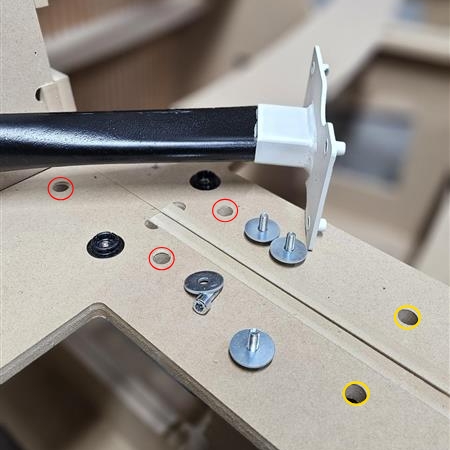 <p>If arms / side tables are present fit these using pre allocated holes in carcass</p><p></p><ul><li><p>4x M6 14 cap screw</p></li><li><p>4x Large flat washer</p></li></ul><p>*Arms located nearest backrest - Marked RED</p><p>*Tables located nearest front of carcass - Marked YELLOW</p><blockquote><p>Arrow laser cut in mount dictates front of carcass</p></blockquote><p></p>
