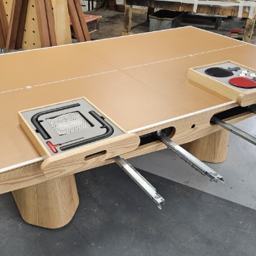 <blockquote><p>Note Drawer Fronts are grain matched</p></blockquote><p></p><p>Install drawers,</p><ul><li><p>extend the runners</p></li><li><p>sit drawer over runner</p></li><li><p>holes on rear of runner will slide into drawer back</p></li><li><p>push drawer in - this should engage the front clips that lock the drawer into place.</p></li></ul><p>For any adjustment there is the Std Blum micro adjustments within the runners - Plus behind the drawer front are two machine screws to allow the front movement if needed</p>