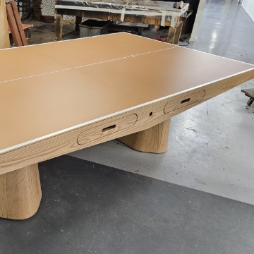 <p>Check alignment of all components,</p><p></p><ul><li><p>Play surface level</p></li><li><p>Side rails flush</p></li><li><p>Drawer fronts have even tolerance all around</p></li><li><p>Drawers operate without friction</p></li></ul><p>Once all adjustments have been made to the above list.</p><p></p><ul><li><p>Fit panels to under side of table </p></li></ul><p></p>