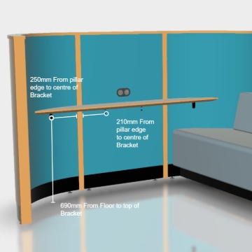 <p>Extended Focus Lounge</p><p><br></p><ul><li><span>4x - Table Brackets Per Top</span></li><li><div>690mm From Floor to top of Bracket&nbsp;<br></div></li><li><div>250mm From pillar edge to centre of Bracket ( On Curve )</div></li><li><div>210mm From pillar edge to centre of Bracket ( On Straight )&nbsp;</div></li></ul>