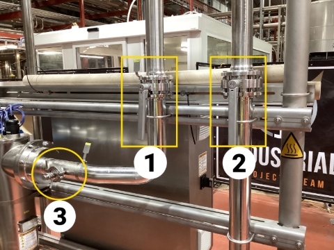 <p>Open Water flow to filter</p><ol><li><p>Open infeed water valve</p></li><li><p>Open Outfeed water valve</p></li><li><p>Close top bleed/sample valve</p></li></ol><blockquote><p>Chamber may be required to be bleed once refilled. Bleed cap is located on top of chamber.</p></blockquote><p></p>