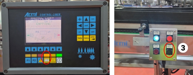 <p>When emptying out the line</p><p></p><p>Depal will have finished</p><p>1.Go filler singuliser controller to the right of the main panel Press <em>'emptying' </em>button (Controller 2)</p><p></p><p>Bottle will have stopped adjacent to the lab equipment</p><ol start="2"><li><p>Go to labeller singuliser controller before blower Press <em>'Emptying'</em> button (Controller 3)</p></li></ol><p></p><p>Bottles will have stopped prior going into the evo tech</p><p>3.Go to Remote singuliser box before evotech and press <em>'empty' </em>button</p><p>(Controller 4)</p><p></p><p></p><p></p><p></p><p></p><p></p>