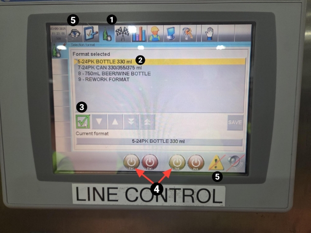 <p>Go to the Main Control panel located pre- filler (Controller 1)</p><p>1.Press <em>'Bottle'</em> on top line</p><p>2.Move arrow <em>'up or down' </em>to correct format</p><p>3.Press '<em>Green tick'</em></p><blockquote><p>Format will be displayed at the bottom</p></blockquote><p>4.Press <em>'Pac'</em> &amp; <em>'Bot'</em> to start conveyors</p><blockquote><p>When changing formats the conveyors must be stopped</p></blockquote><p>5.Reset alarms by pressing the '<em>eye</em>' and press <em>'reset'</em> button</p>