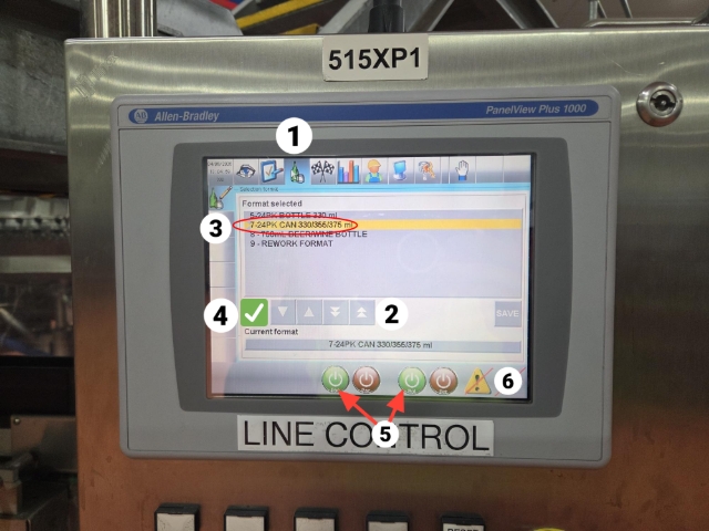 <p>Go to Main Control panel this is located pre- filler (Controller 1)</p><p><a target="_blank" rel="noopener noreferrer nofollow" href="http://1.Press">1.Press</a> Bottle</p><p>2.Move arrow <em>'up or down' </em>to correct format</p><p>3.Press <em>'24pk Can 330/355/375 ml'</em></p><p>4.Press '<em>Green tick'</em></p><p>5.Press <em>'Pac'</em> & <em>'Bot'</em> to start conveyor</p><blockquote><p>Current format will be displayed on the Bottom line</p></blockquote><p></p><blockquote><p>When changing formats the conveyors must be stopped</p></blockquote><p>6.Reset alarms by pressing the '<em>eye</em>' and press <em>'reset'</em> button</p>