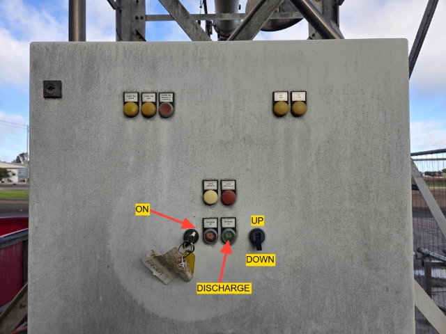 <p>Go outside to spent grain panel which is located behind spent grain tank</p><p></p><p>Put key in and turn to the right <strong><em>'ON'</em></strong></p><p></p><p>flick toggle switch <strong><em>'UP'</em></strong></p><p></p><p>Press <strong><em>'green discharge' </em></strong>button to send spent grain into truck</p><p></p><p>Driver to watch spent grain, press <strong><em>'red stop'</em></strong> button when finished</p><p></p><blockquote style="background-color: var(--k-quote-bg-error);"><p>Caution: Spent Grain will be hot</p></blockquote><p></p>
